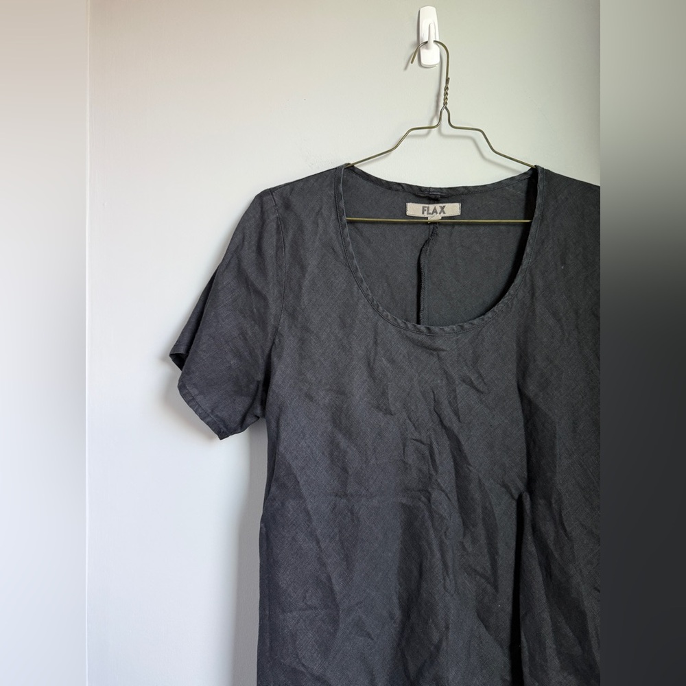 Flax Tunic Top Large 100% Linen Textured Cross Over Hem Short Sleeve Black - Picture 3 of 8
